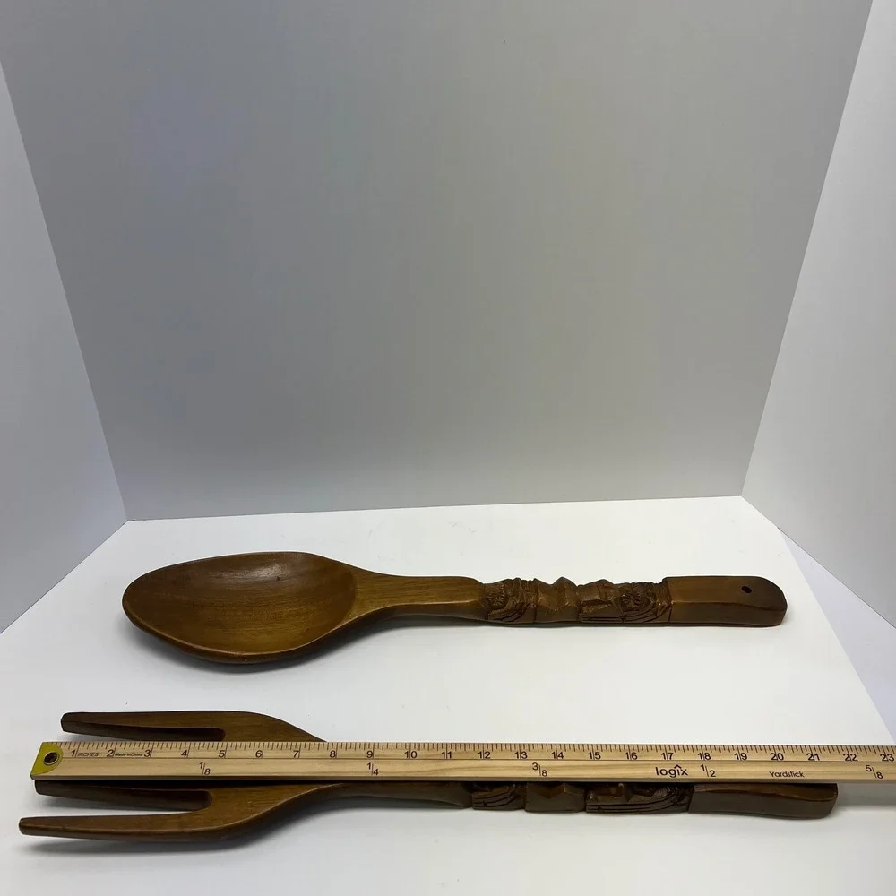 Vintage Hand Carved Wooden Tiki Totem Spoon‎ and Fork Wall Decor Set 21 Inch MCM